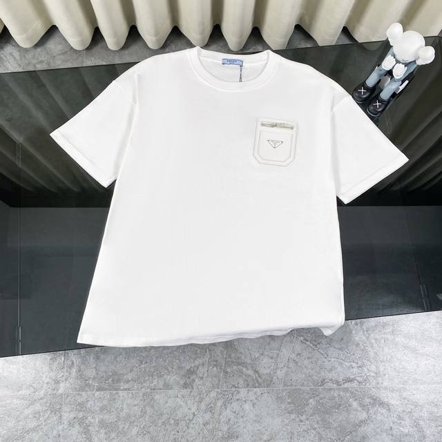 Parda Prada New Pocket Leather-Trimmed Zipper Casual Round Neck Short-Sleeve T-S