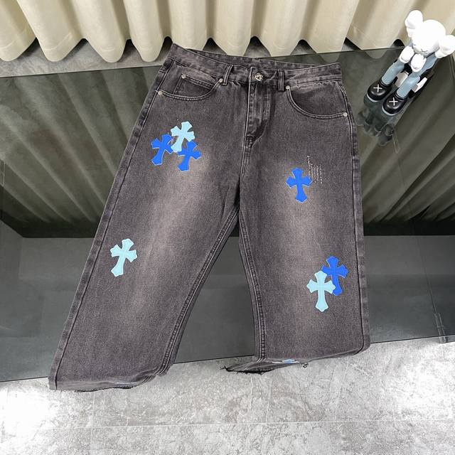 Chrome Heart Classic Multi-Color Laser-Cut Cross Patchwork Denim Pants. The Pant