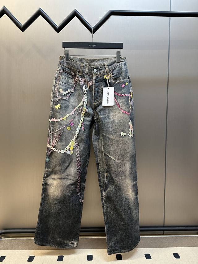 Acne Chain Print Denim Pants Straight-Leg Style 1981M Denim Pants Feature A Rela