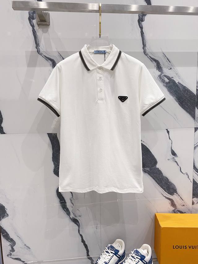 Prada Prada Collared Polo Shirt Woven Contrast Collar Classic Triangle Badge Iro