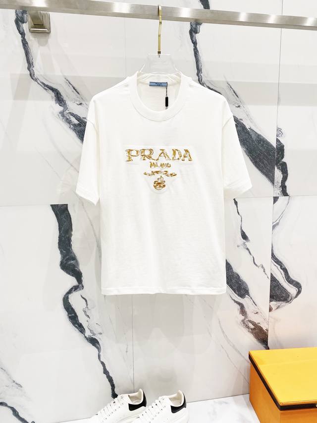 Prada 320G Round Neck Short-Sleeve T-Shirt Classic Front Chest Embroidered Brand