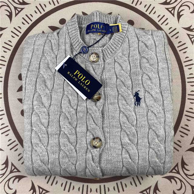 2230# Ralph Lauren Thick Knit Cardigan Acrylic Material Gray, Brown, Cream Three