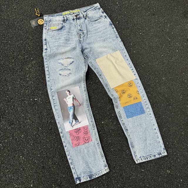 D30 Drew Smiley Face Digital Print Patchwork Denim Pants, Bieber-Style Original