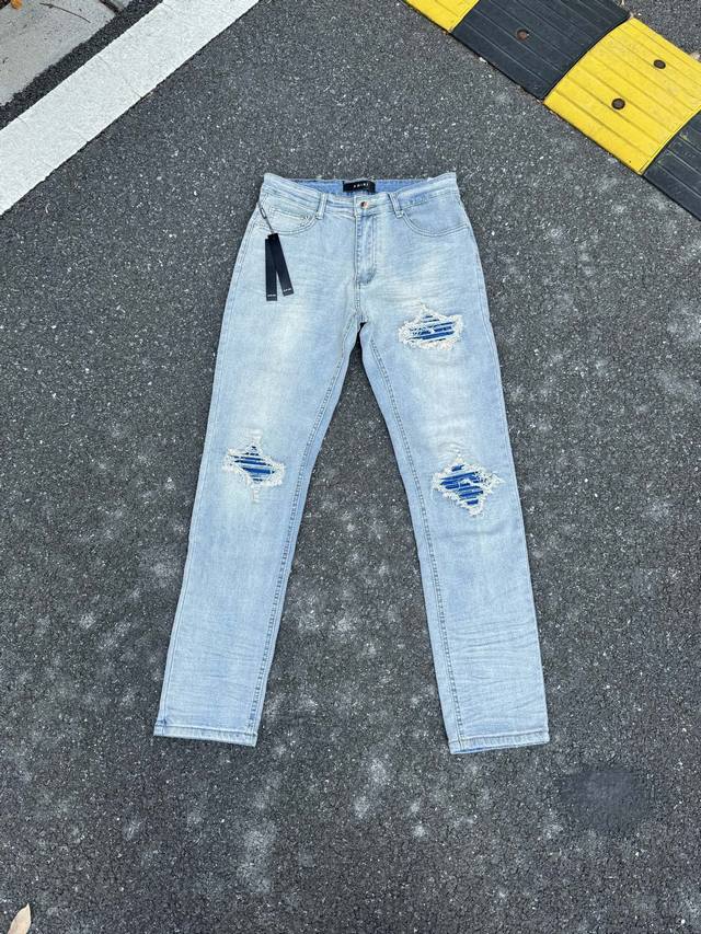 A059 Amiri New Arrival Denim Pants With Washed-Out Holes And Exposed Leather, Un