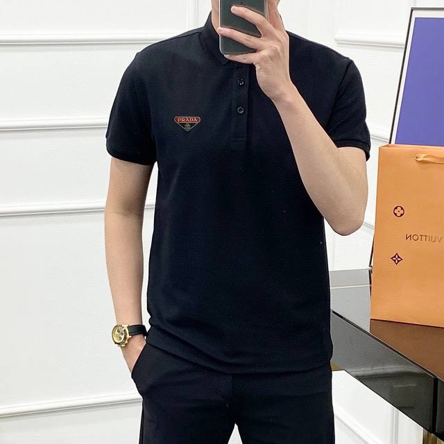 Prada Small Embroidery 2025 Summer Men's New Collared Short-Sleeve Polo Shirt, C