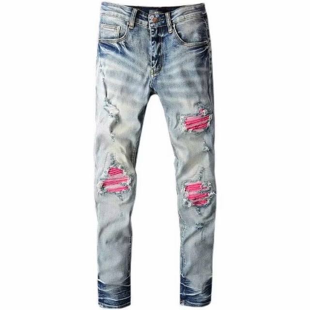 Style Number Cc549 Amiri Mx1 High-Street Denim Pants Slim-Fit Distressed Patchwo