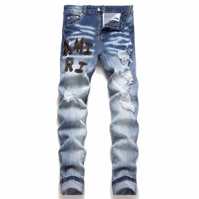 Oc-770 Top-Tier Replica Amiri Splatter-Painted Badge Embroidered Denim Pants Ami