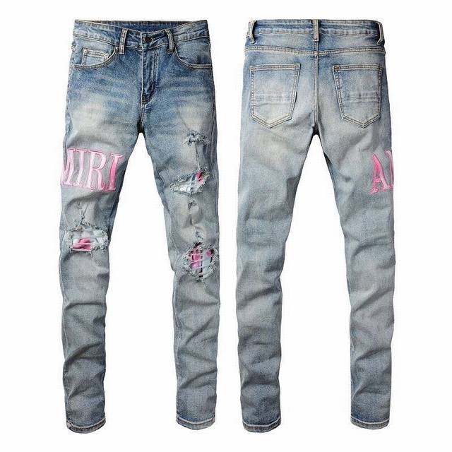 Oc-747 Top-Tier Replica Amiri Splatter Badge Embroidered Denim Pants Amiri Stree