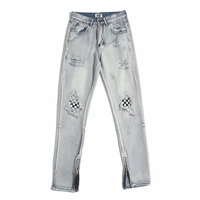 Style Number Fz026 Vans Checkered High-Street Retro Distressed Zipper Denim Pant