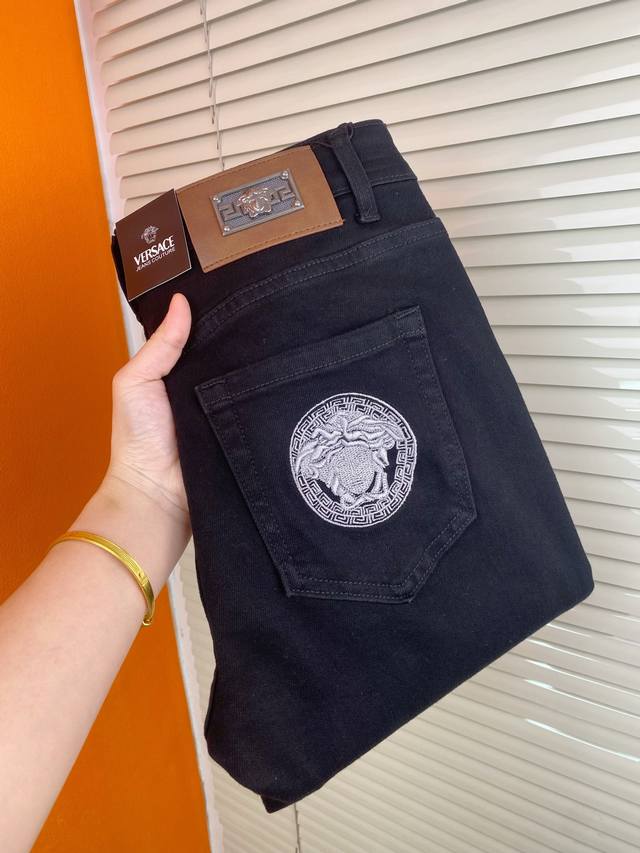 Trendy Men's Designer Jeans Versace Men's Long Pants Korean-Style Slim-Fit Skinn
