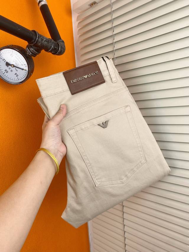 Trendy Men's Designer Jeans Armani Men's Long Pants Beige Korean-Style Slim-Fit