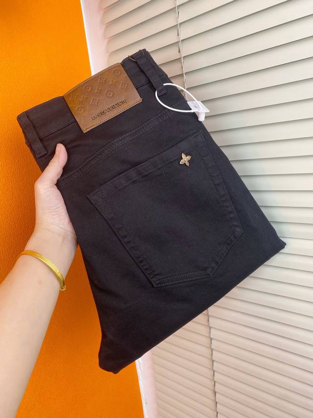 Trendy Men's Designer Jeans Lv Men's Long Pants Black Korean-Style Slim-Fit Stra