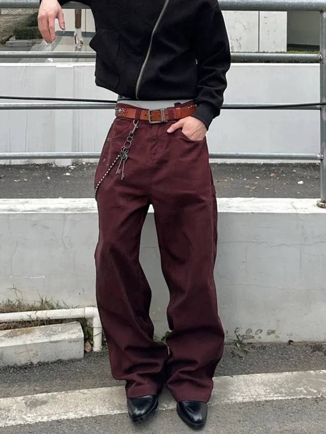 Style Number Xk3292 American Vintage Dark Red Wide-Leg Denim Pants For Men, Casu