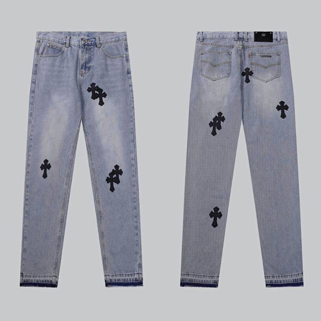 In Stock P 9906 Ch-Style Washed And Distressed Cross-Patterned Leather-Patch Jea
