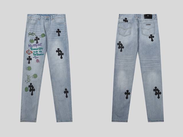In Stock 9910 Ch-Style Washed And Distressed Cross-Patterned Leather-Patch Jeans
