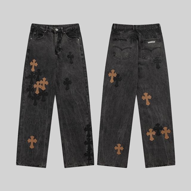 In Stock P 9943 Ch-Washed Vintage Black Cross Patch Leather Denim Pants For Men