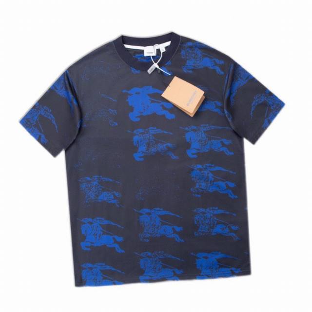 Burberry Summer New Arrival, Full-Print Gradient Blue War Horse Print Round Neck