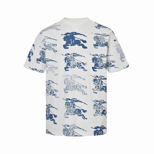 Burberry Summer New Arrival, Full-Print Gradient Blue Horse Print Round Neck Sho