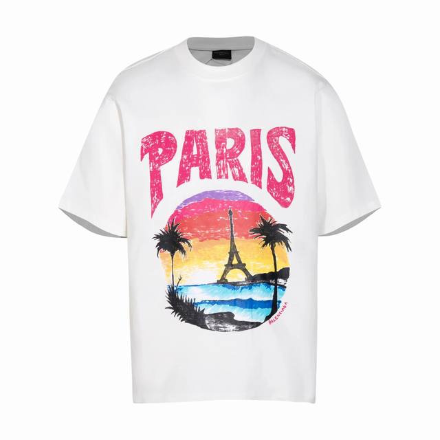 High-End Balenciaga Paris Eiffel Tower Sunset Print Short-Sleeve T-Shirt, Featur