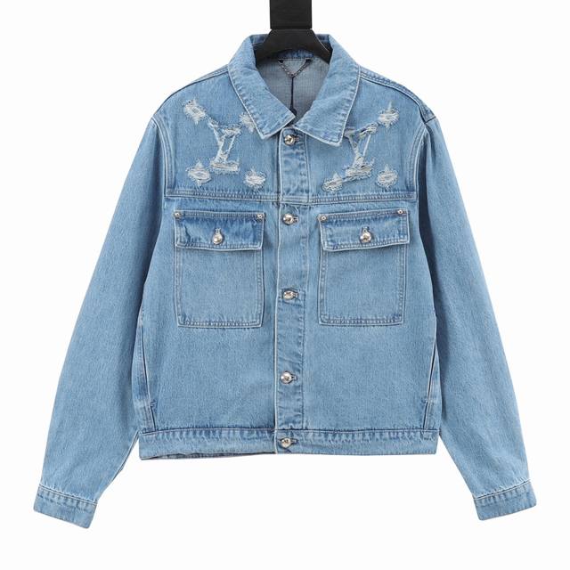 Louis Vuitton Washed Denim Jacket With Holes Custom-Made 100% Cotton Denim Fabri