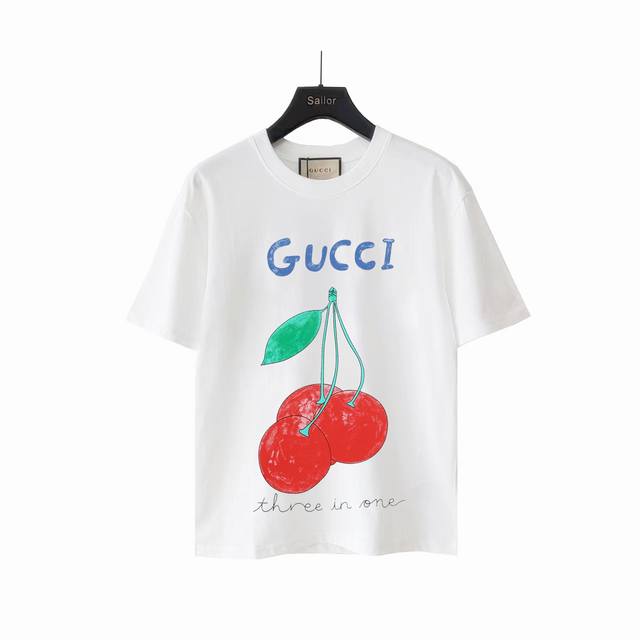 Actual Product Details + Size Chart Gucci Mature Cherry-Print Round-Neck Short-S