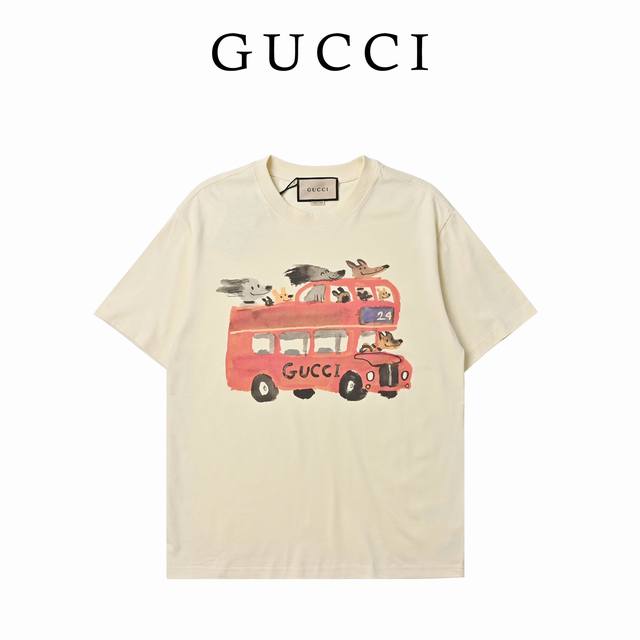 Gucci Animal Bus High-Weight Printed Short-Sleeve T-Shirt Made From Custom-Selec