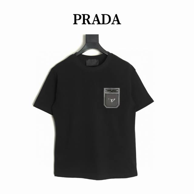 Prada 25Ss Genuine Leather Black Pocket Short-Sleeve T-Shirt Made With Imported