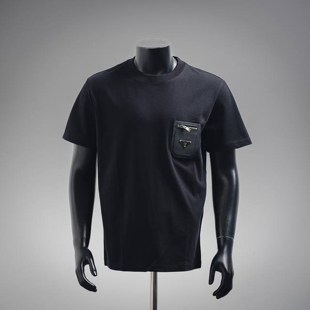 Prada 25Ss Triangle Label Leather Pocket Short-Sleeve Made From 32-Count Double-