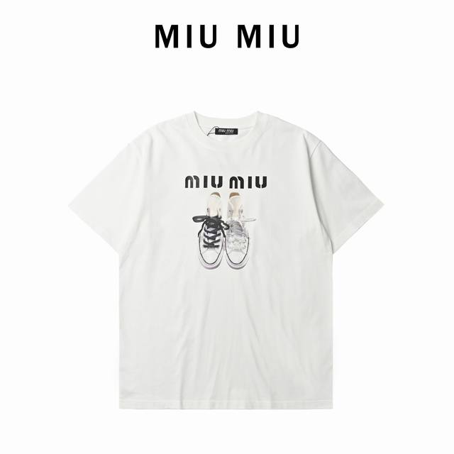 Miumiu Canvas Print Short-Sleeve T-Shirt Solid-Color T-Shirt With A Simple Yet E
