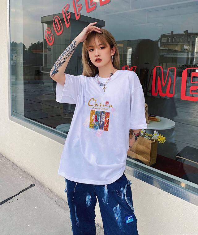 New Arrival! Summer New Arrival Chinese-Inspired Print Round Neck Short-Sleeve T