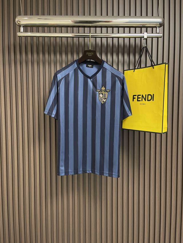 Fendi Blue Pequin Fabric Sports T-Shirt, Short Drop-Shoulder Sleeve V-Neck T-Shi