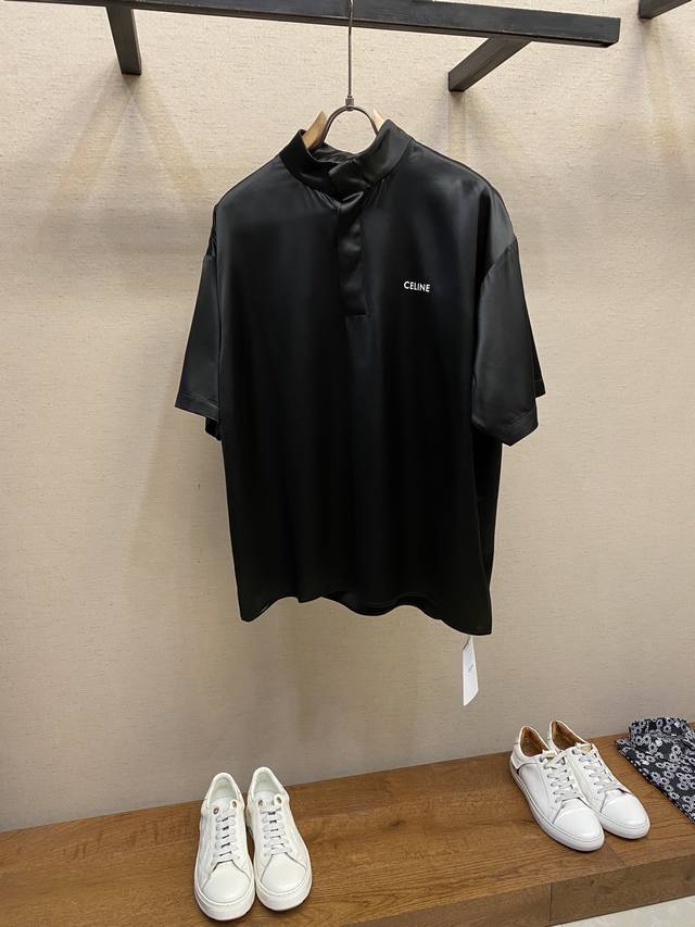 Celine, Ce Summer New Arrival 100% Silk Stand-Up Collar Loose-Fit Short-Sleeve S