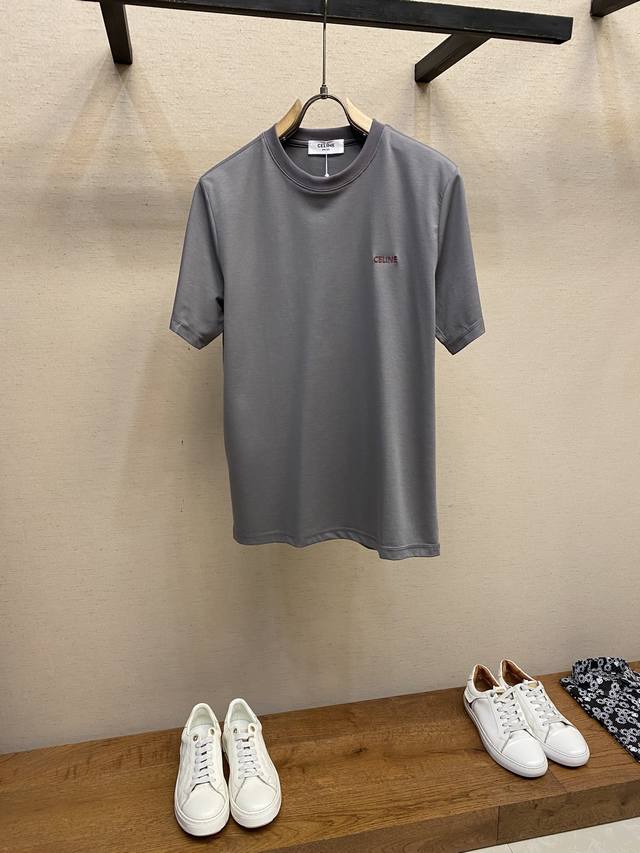 Celine, Graphite Gray Red Letter Embroidered Short-Sleeve T-Shirt The Epitome Of