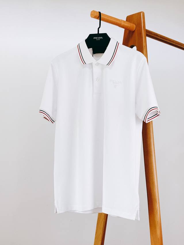 Prada 2025 Ss Spring/Summer New Arrival Logo Embroidered Collar T-Shirt, Crafted