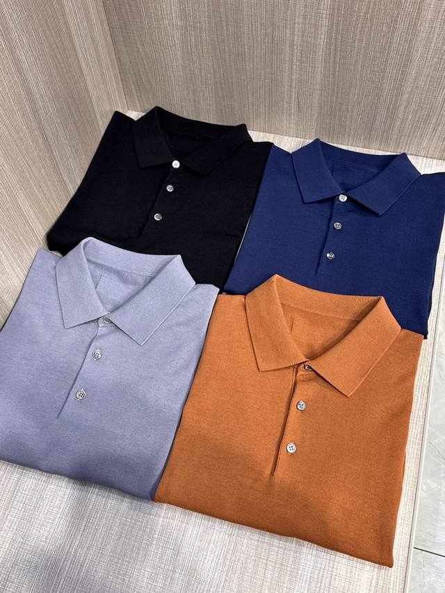 Model D-6030#, Zegna 2025 Spring/Summer Latest Leather Logo Men's Collared Short