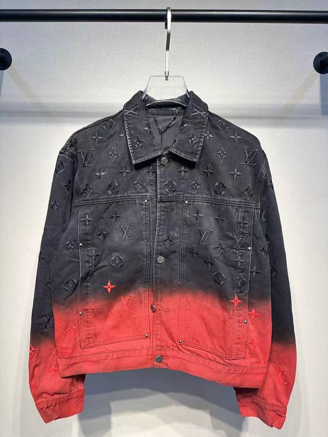 Lv Flame Gradient Denim Jacket Denim Waistband With Washed Gradient Red Color Si