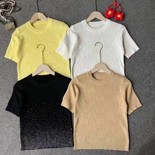 Gucc*Spring/Summer New Arrival Round Neck Knit Short Sleeve Top Eye-Catching And
