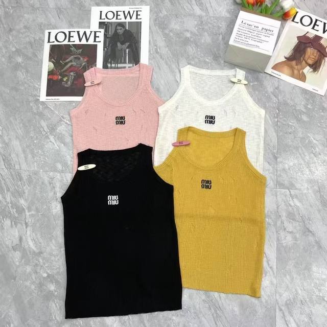 Miumi*Spring/Summer New Arrival Round Neck Knit Tank Top Irregular Cut-Out Desig