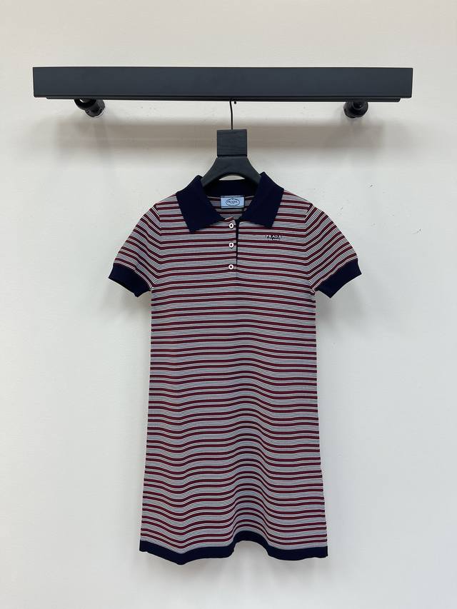 Prad*Color-Block Collar Knit Dress. Collar-Neck Short-Sleeve Design. All-Over Co