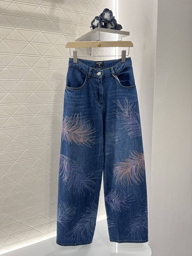 Chane*2025 New Arrival Feather Rhinestone Faded Wide-Leg Denim Pants Custom Yb T