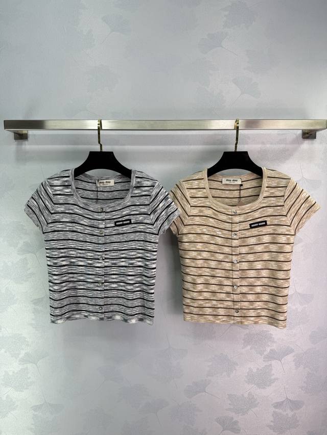 Miumi*2025 Spring/Summer New Collection! Retro Striped Knit Cardigan With Short