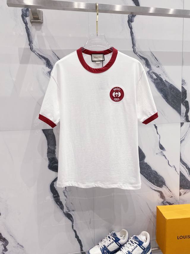 Gucci Gucci 320G Round Neck Short-Sleeve T-Shirt Color-Blocked Collar Embroidere