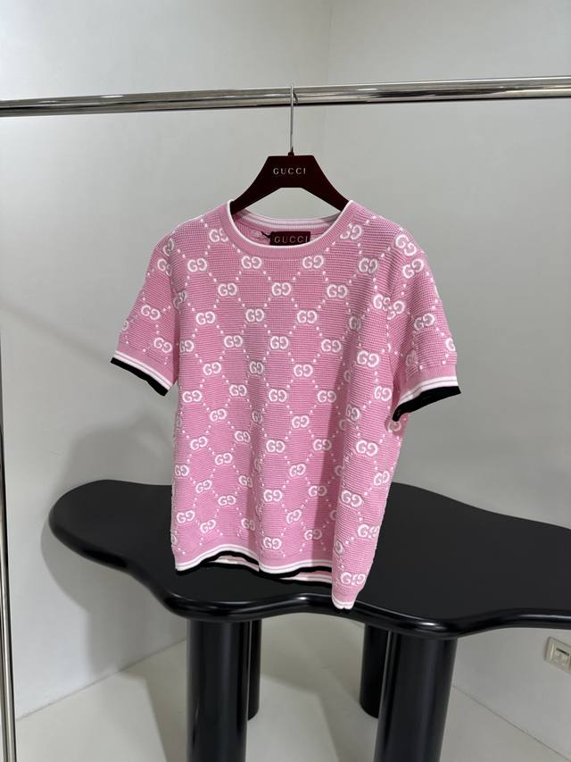 New Arrival Gg Jacquard Wool Blouse Made From Pink And White Gg Wool Jacquard Fa