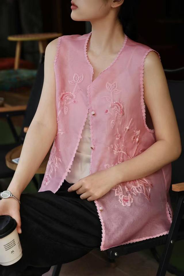 New Arrival: Silk Organza Embroidered Vest In 3 Colors And 4 Sizes.