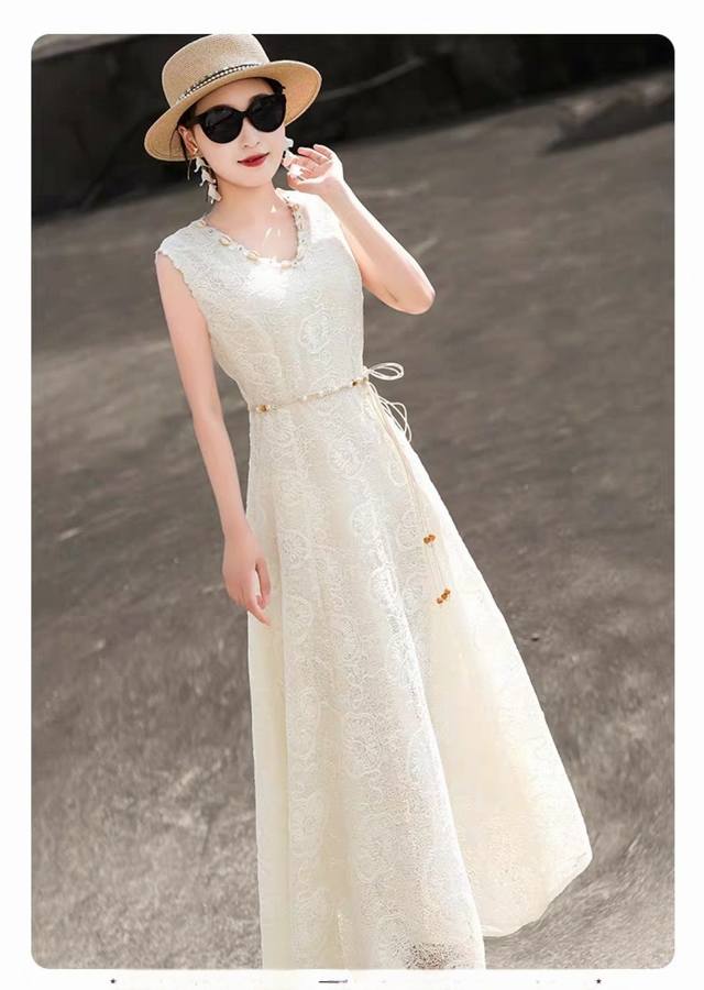 New Arrival Heavy Lace Embroidered Long Skirt French Vacation Style V-Neck Sleev