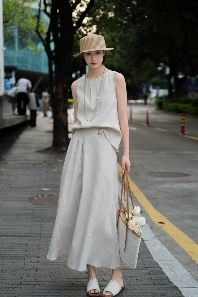 Luxury-Inspired 100% Linen Vintage-Style Set. Unique Cross-Design Sleeveless Tan