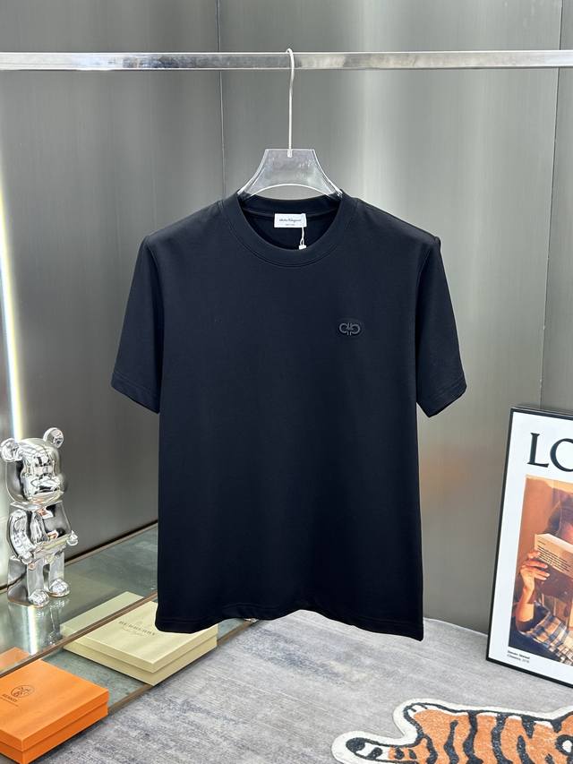 Ferragamo 2025 New Arrival Men's Casual Round Neck Embroidered Short-Sleeve T-Sh