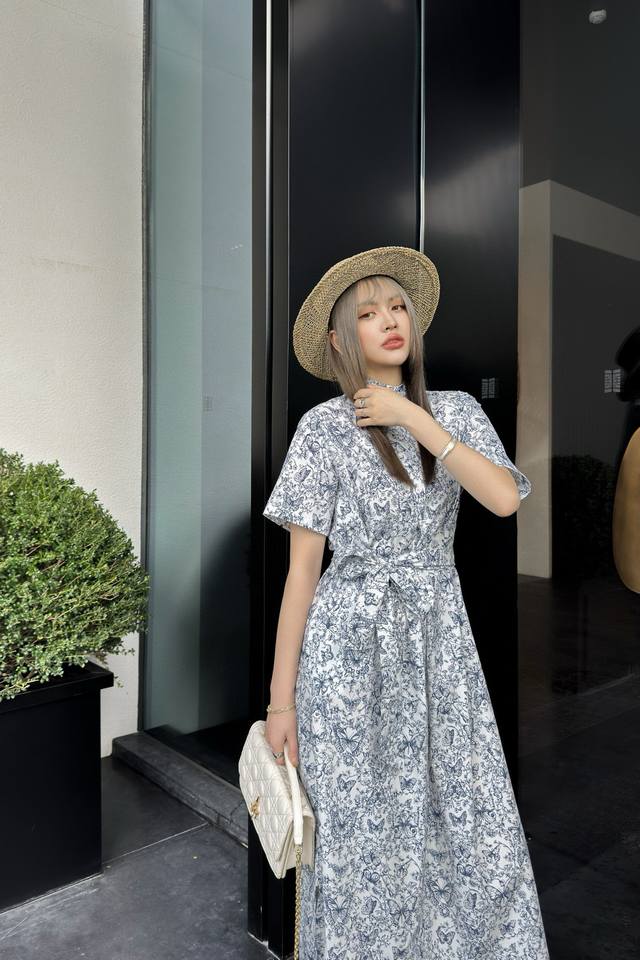 66035 Cd Butterfly Floral Print Short-Sleeve Dress Elegant Small Stand-Up Collar