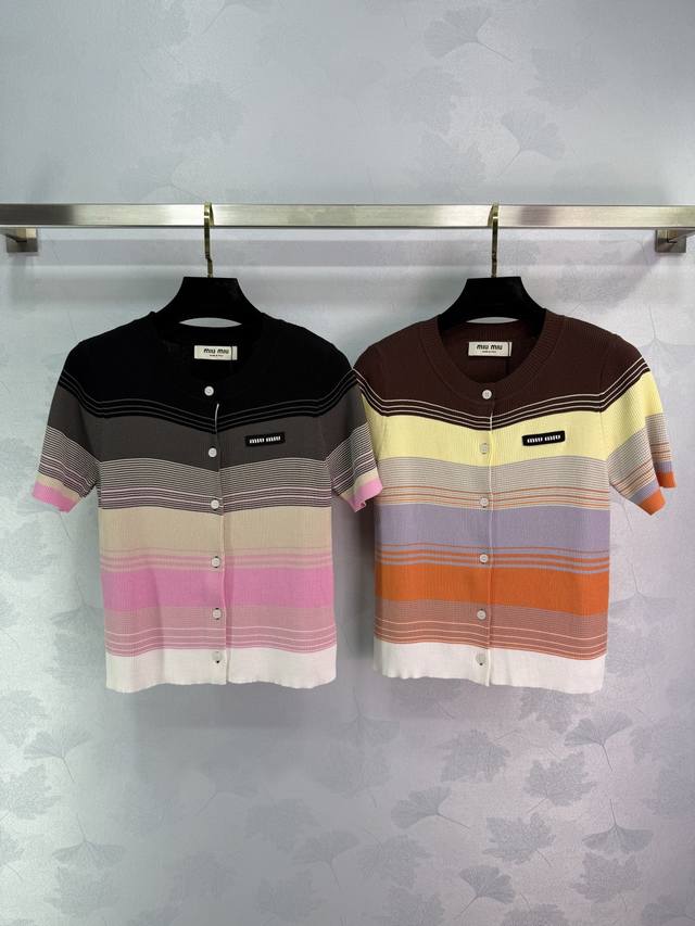 Miumi* 25 Spring/Summer New Arrival Knitted Colorful Short-Sleeve Top, Vibrant C