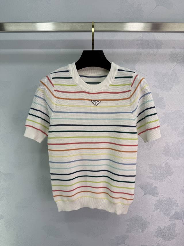 Prada*2025 Spring/Summer New Collection Colorful Striped Short-Sleeve Knit Sweat
